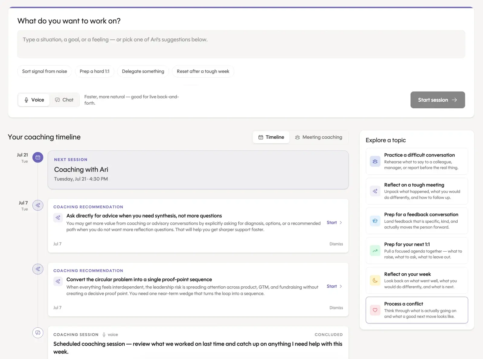 Ari coaching: a prompt asking what you want to work on with voice or chat, a coaching timeline with the next session and recommendations, and topics to explore